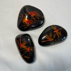 Vintage Koi & dragonfly Stone Ying and Yang Paperweight Dotasco Hand Painted